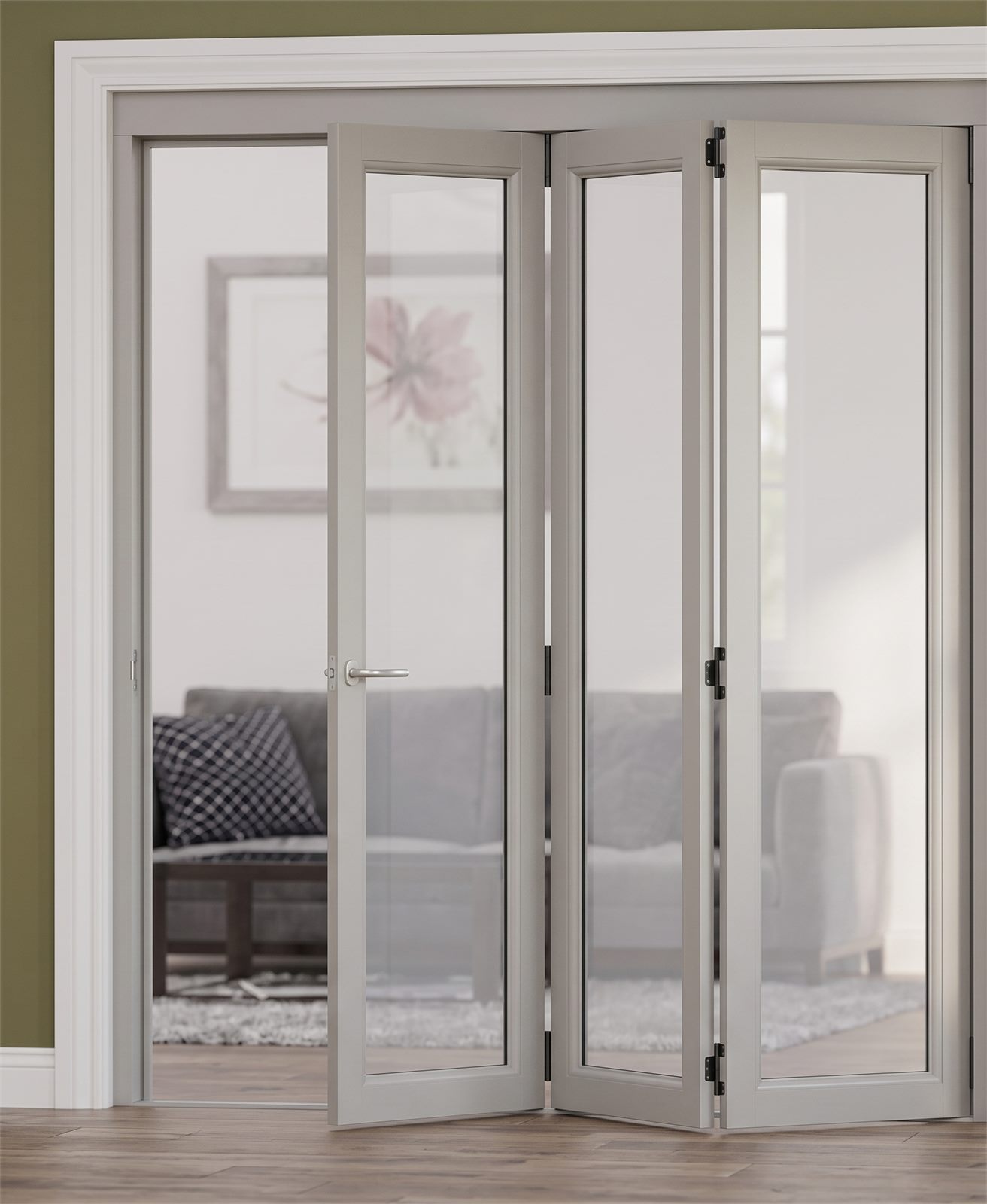 Interior view of wide impact bifold glass doors in a Florida home