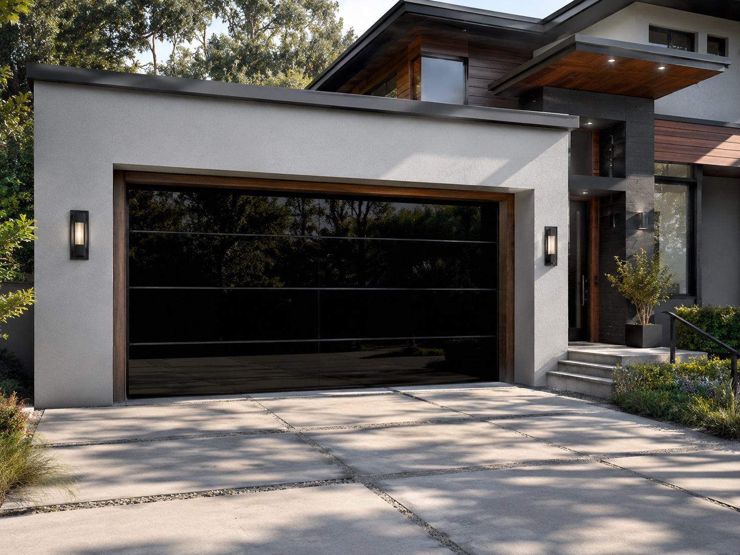 Black full-view impact glass garage door with wood-trimmed opening on a modern Florida home