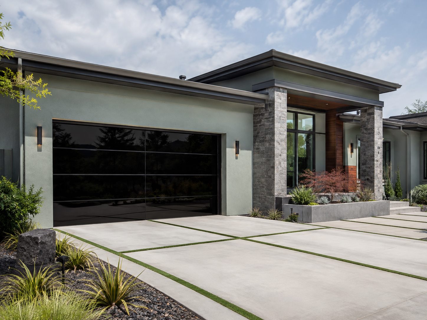 Full-view impact glass garage door showing its horizontal panel sections and rails