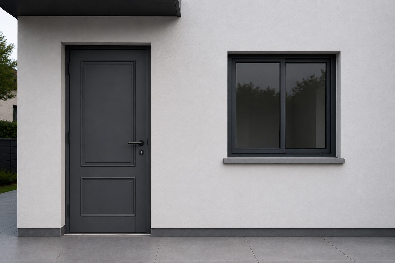 Black-framed impact sliding window beside a matching entry door